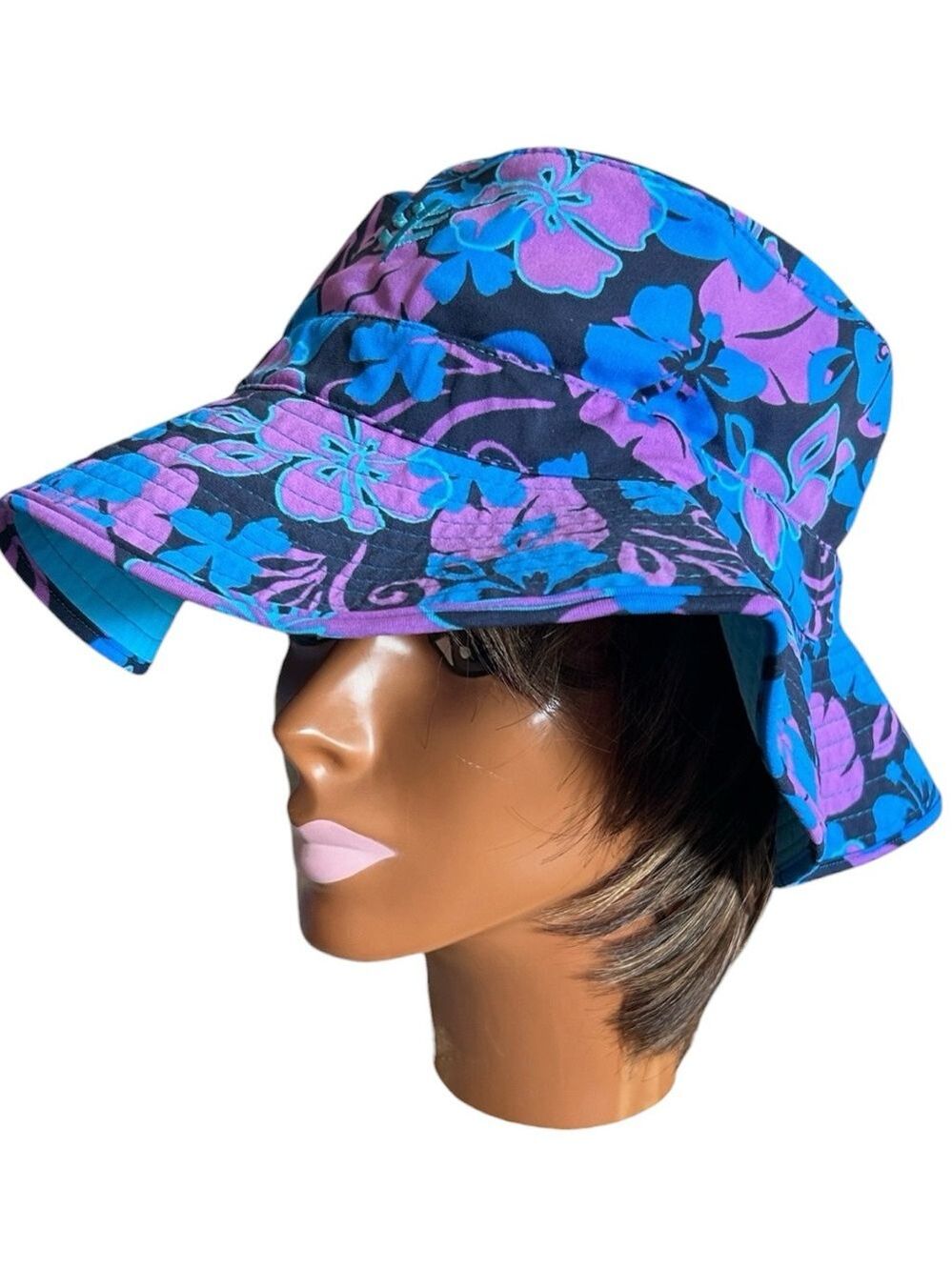 Coolibar Sun Hat Vibrant Blue & Purple Hibiscus Floral Print UPF 50+